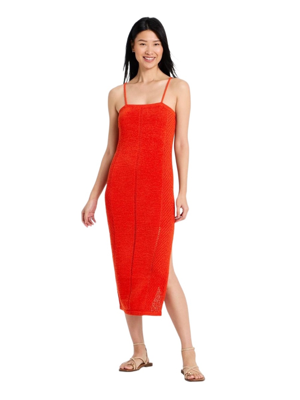 a new day red Orange Spaghetti Strap sweater knit Midi Dress